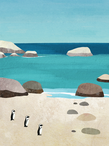 “Penguins, Boulders Beach” — travel poster by Henry Rivers