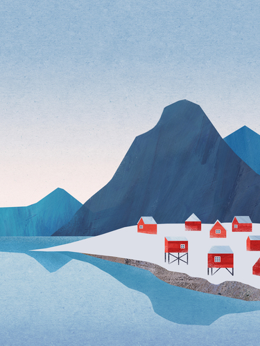 “Red Houses, Lofoten” — travel poster by Henry Rivers